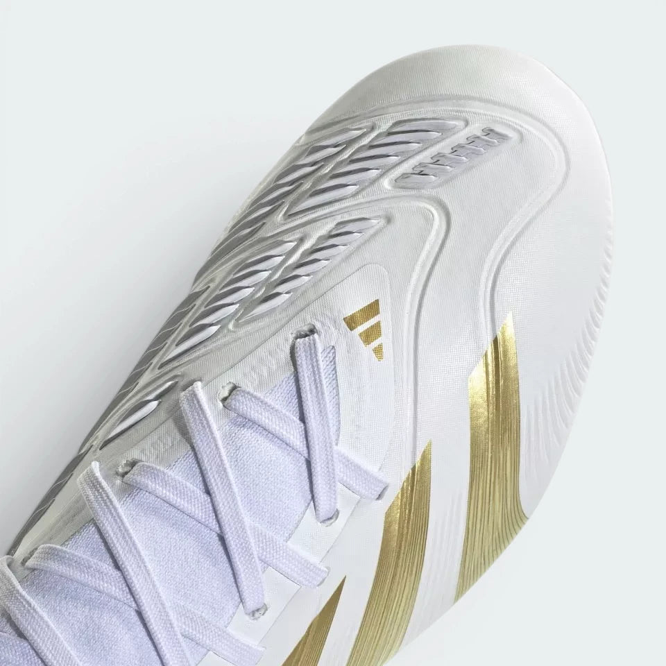 Details the premium texturing wrapping the front toe cap control zone and the precision lacing configuration eyelets.