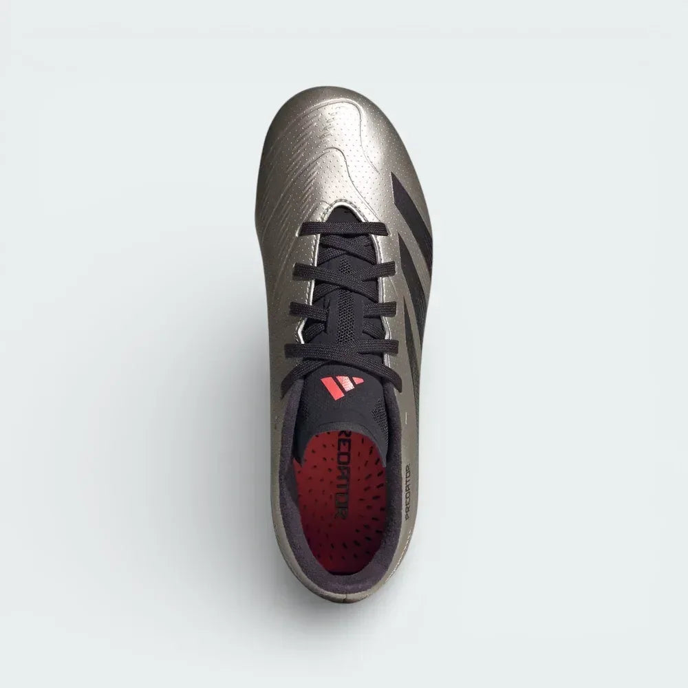 Top-down view of the Predator League boots, highlighting the Hybridfeel 3D texture and the Strikescale fins across the forefoot strike zone.