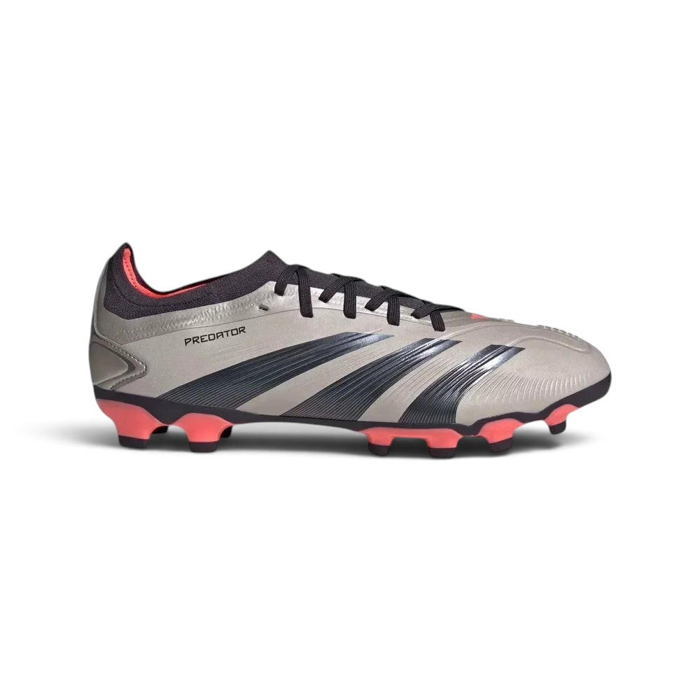 Side profile of the Adidas Predator Pro Men's boots in Platinum Metallic, showing the Aurora Black 3-Stripes and the vibrant Turbo pink detailing on the Primeknit collar. Main image