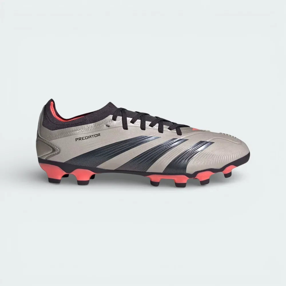 Side profile of the Adidas Predator Pro Men's boots in Platinum Metallic, showing the Aurora Black 3-Stripes and the vibrant Turbo pink detailing on the Primeknit collar. Main image