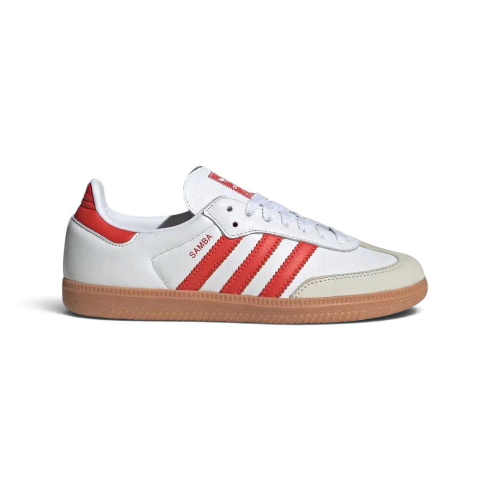 Side profile of the Cloud White Adidas Samba OG, highlighting the vibrant Solar Red Three Stripes and the Off White rubber sole. Main image