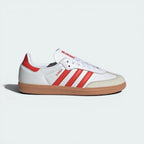 Side profile of the Cloud White Adidas Samba OG, highlighting the vibrant Solar Red Three Stripes and the Off White rubber sole.