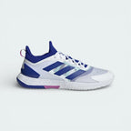 Side profile of the adidas Adizero Ubersonic 4.1 in White and Lucid Blue, showing the sleek mesh upper and the Purple Burst Lightstrike midsole.