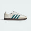 Highlights the high-velocity sweep of the Legacy Teal serrated 3-Stripes, the professional gold-foil Samba lettering, and the striking visual depth of the Cloud White leather upper.