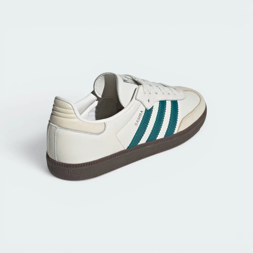 Focuses on the contoured shape of the Legacy Teal leather heel counter and the clean, stitched finish of the low-profile rubber sole.