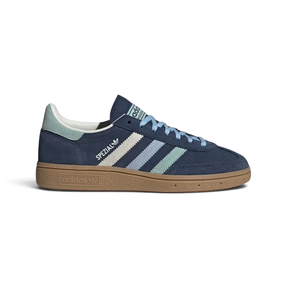 Side Profile Image: The Night Indigo Spezial, highlighting the Hazy Green Three-Stripes and the classic low-profile gum rubber sole. Main image