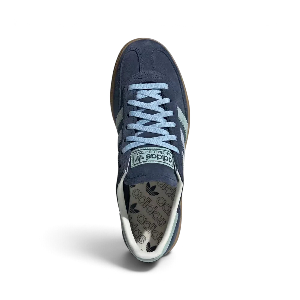 Top-Down View of Pair: Looking down at the suede lacing system and the Clear Sky blue tongue branding.