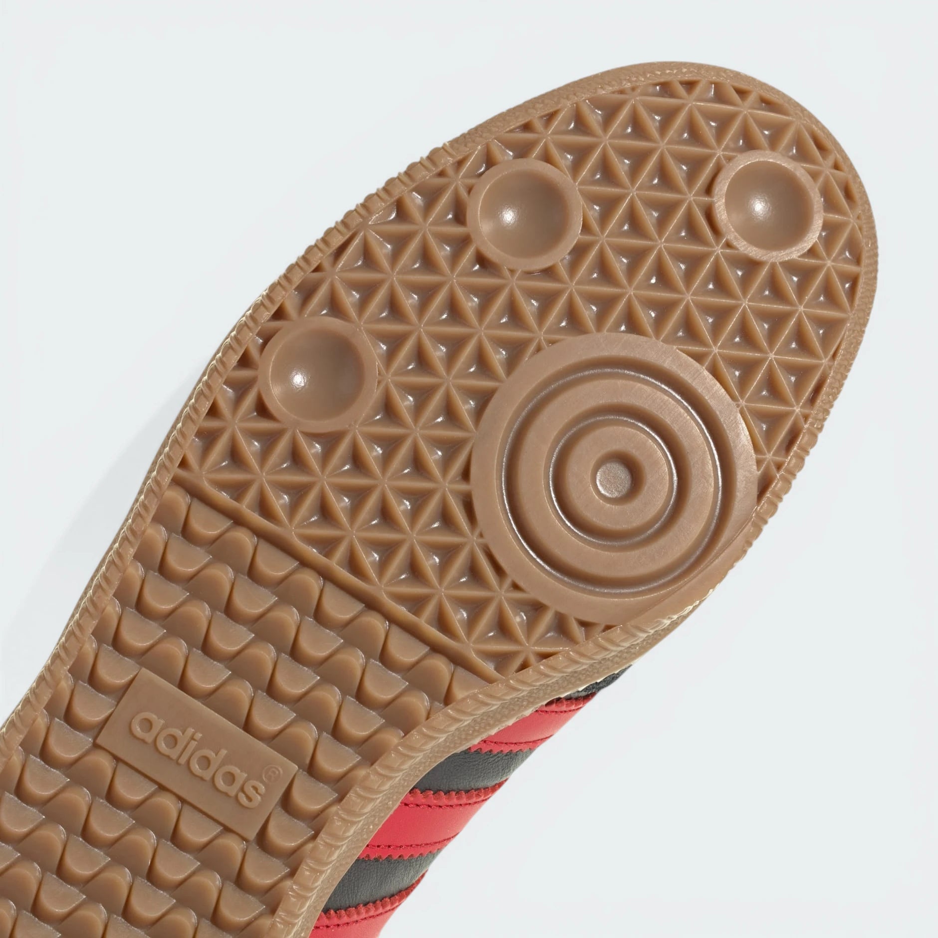 Close-up of an Adidas shoe sole with textured pattern on a white background