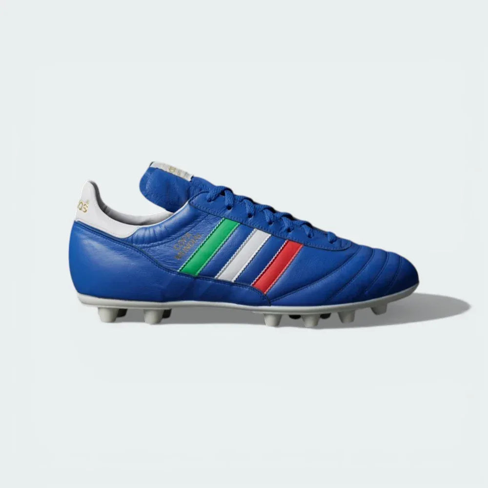 Side profile of the Blue adidas Copa Mundial Italy, showing the premium leather grain and the iconic white Three Stripes against the Pantone blue. Main image