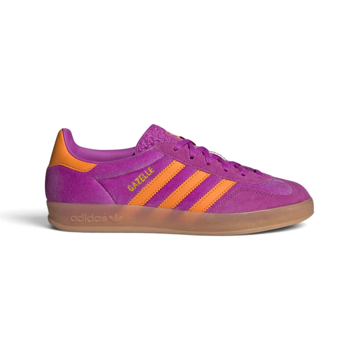 Side Profile Image: Studio lateral shot of the adidas Gazelle Indoor in Purple Burst and Eqt Orange, highlighting the rich purple velvet upper, contrasting orange serrated three stripes, gold foil Gazelle lettering, and translucent gum rubber midsole and outsole.    Main image