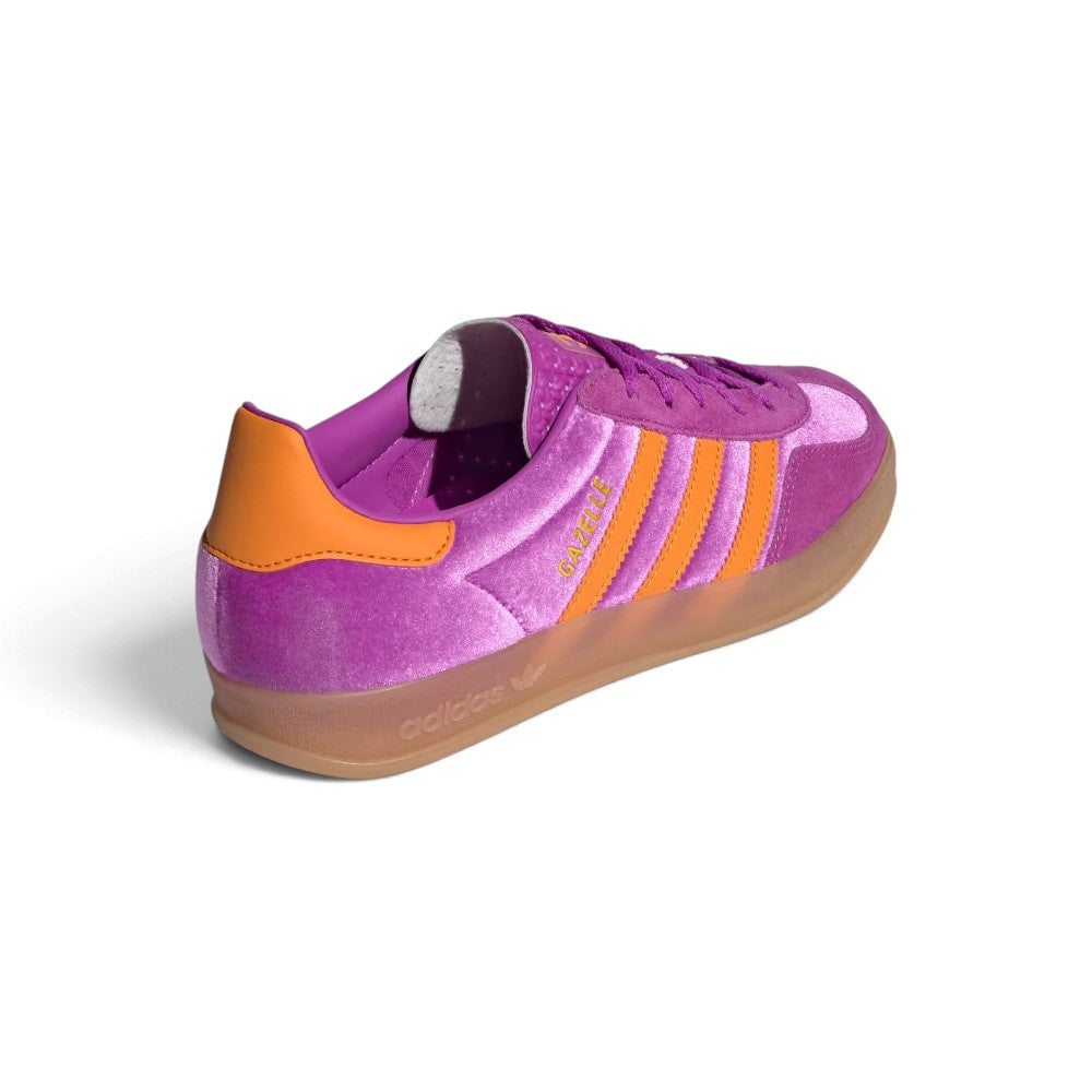 View from Behind Looking at the Rear: Rear-facing perspective focusing on the bright Eqt Orange leather heel tab with embroidered white Trefoil logo and the smooth wrap of the gum sole.   