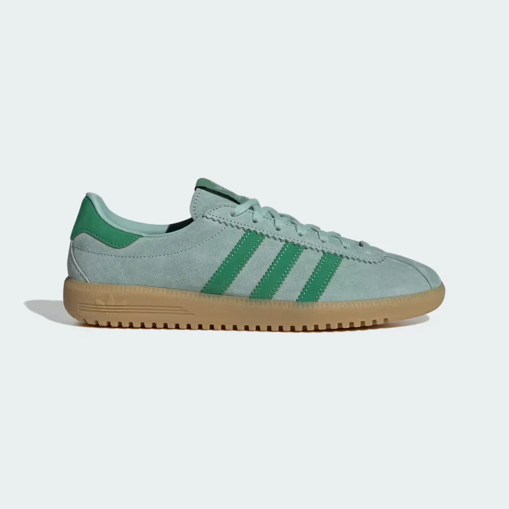 The Hazy Green BRMD, highlighting the Preloved Green 3-Stripes and the slim '80s terrace silhouette.