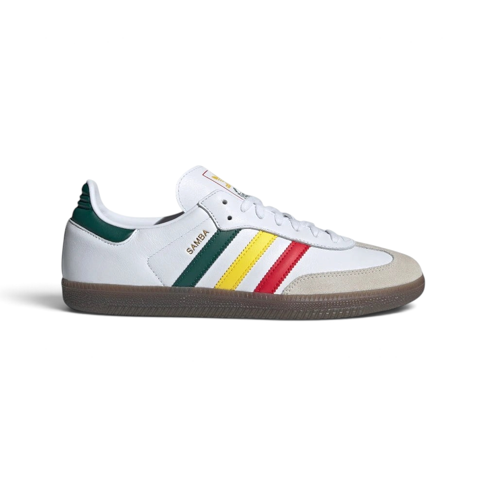 White sneaker with colorful stripes on a light gray background Main image