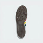 Sole of a shoe with a brand logo on a white background