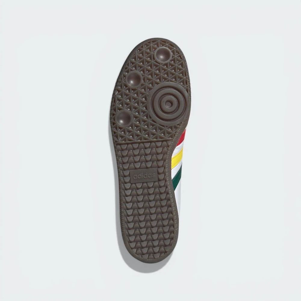 Sole of a shoe with a brand logo on a white background