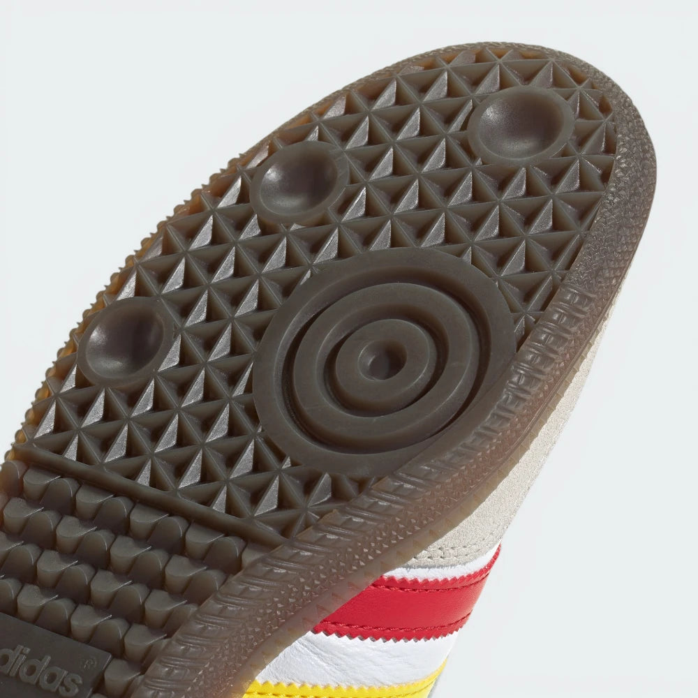 Close-up of a shoe sole with Adidas logo on a white background