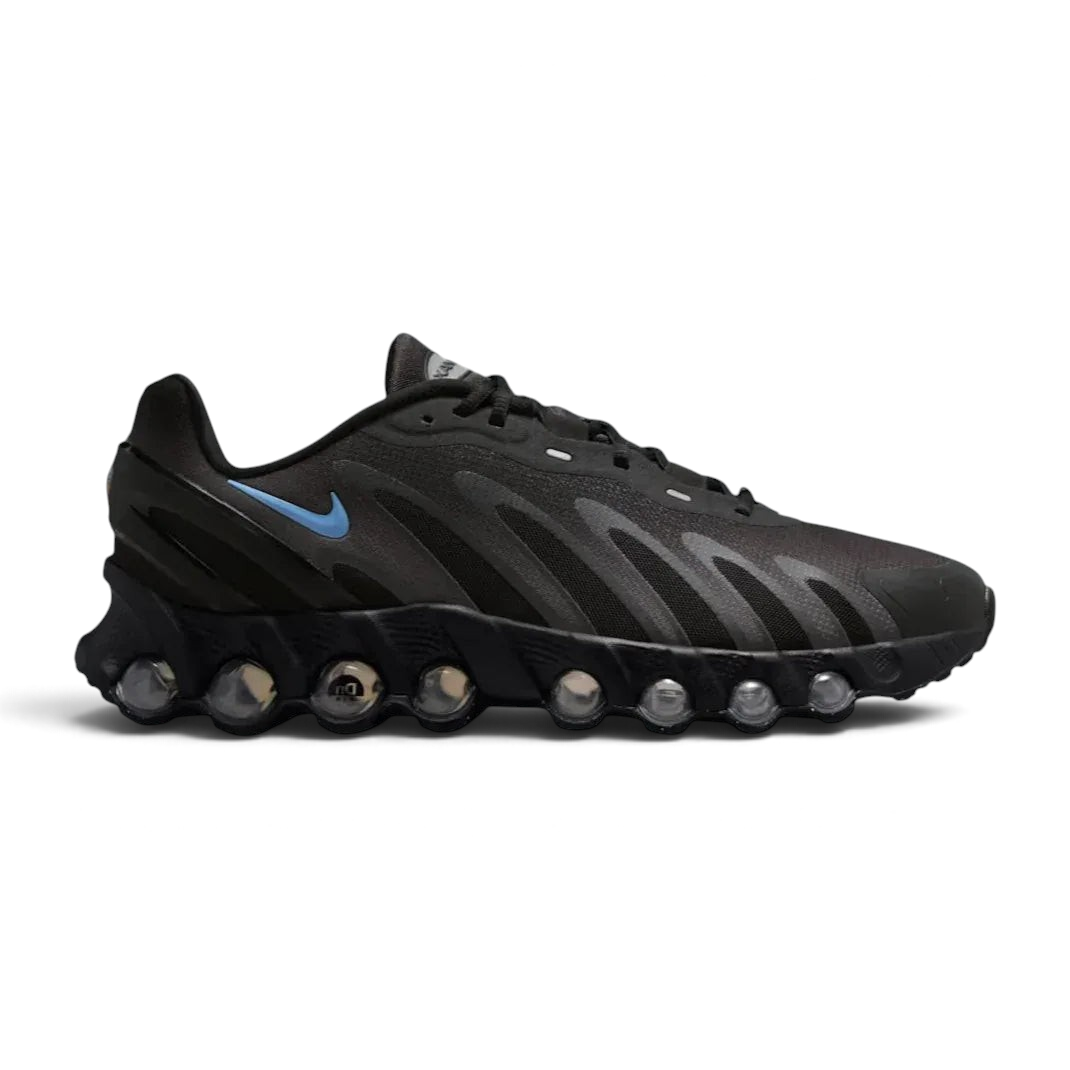 Nike Air Max DN Men's running shoes in black and grey, side profile showing visible Dynamic Air unit in the heel, textured upper, and blue accents. Main image