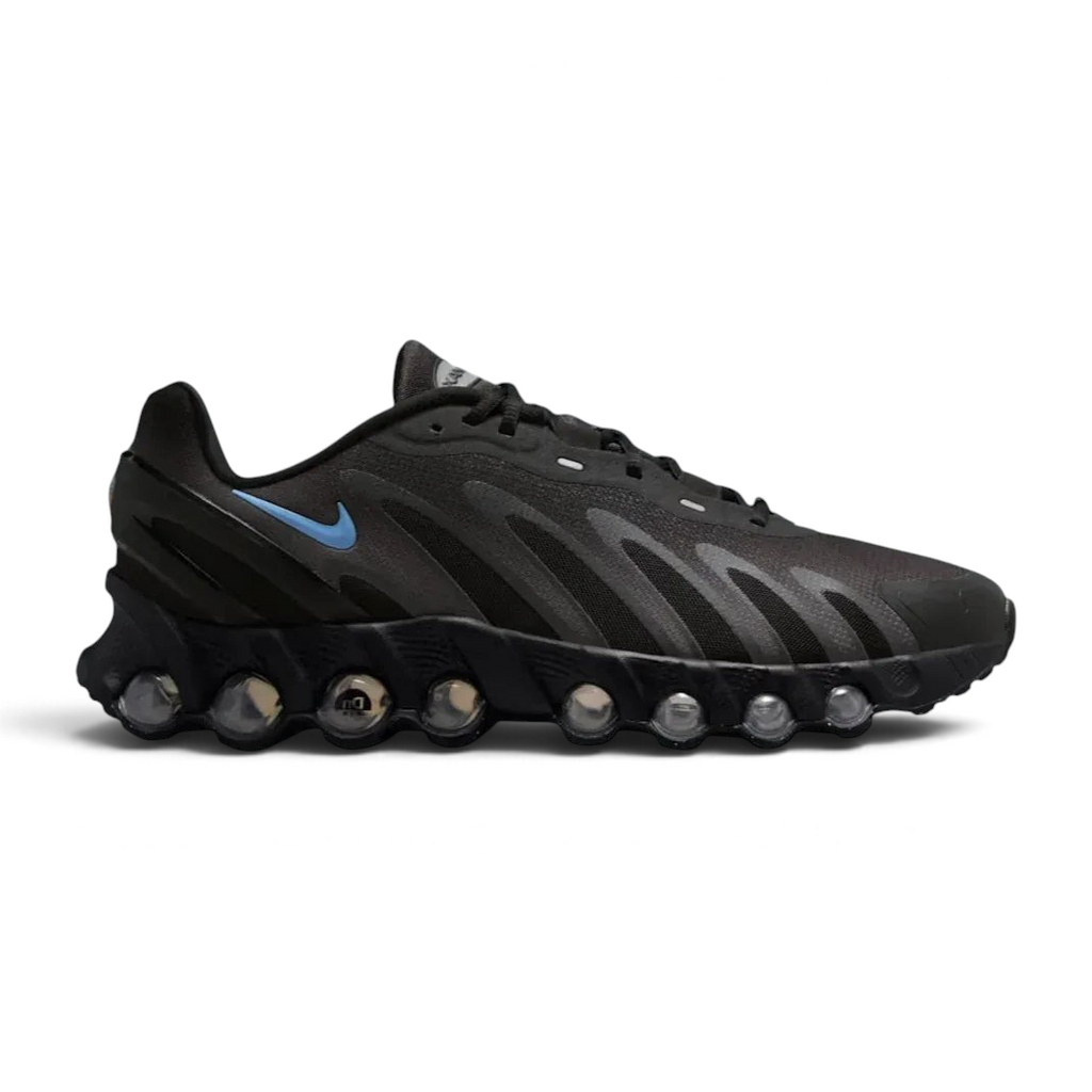 Nike Air Max DN Men's running shoes in black and grey, side profile showing visible Dynamic Air unit in the heel, textured upper, and blue accents.