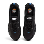 Top-down view of a pair of Nike Air Max DN Men's running shoes in black, highlighting their futuristic design and lace-up closure.