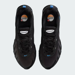 Top-down view of a pair of Nike Air Max DN Men's running shoes in black, highlighting their futuristic design and lace-up closure.