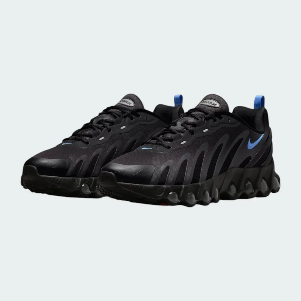 Angled view of two Nike Air Max DN Men's black running shoes, side by side, showcasing their bold, modern design and prominent Air unit.