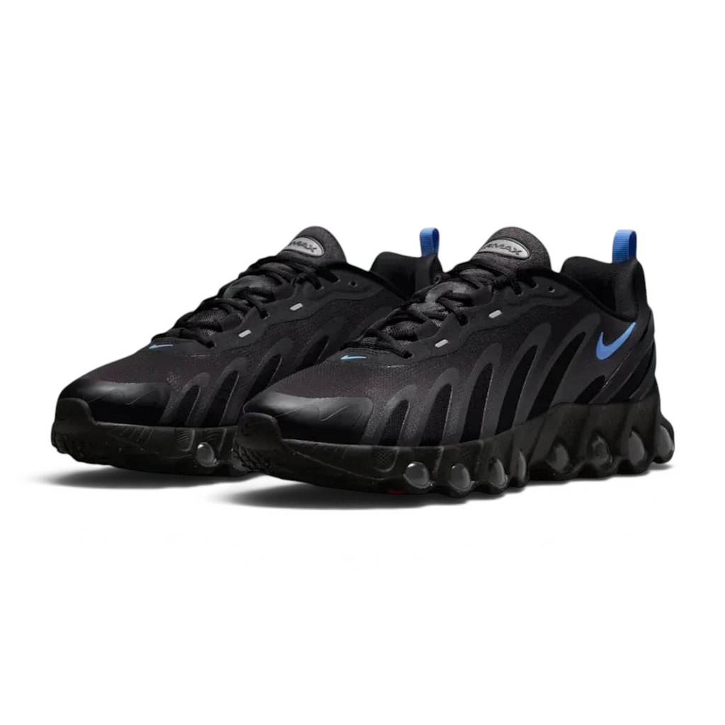 Angled view of two Nike Air Max DN Men's black running shoes, side by side, showcasing their bold, modern design and prominent Air unit.