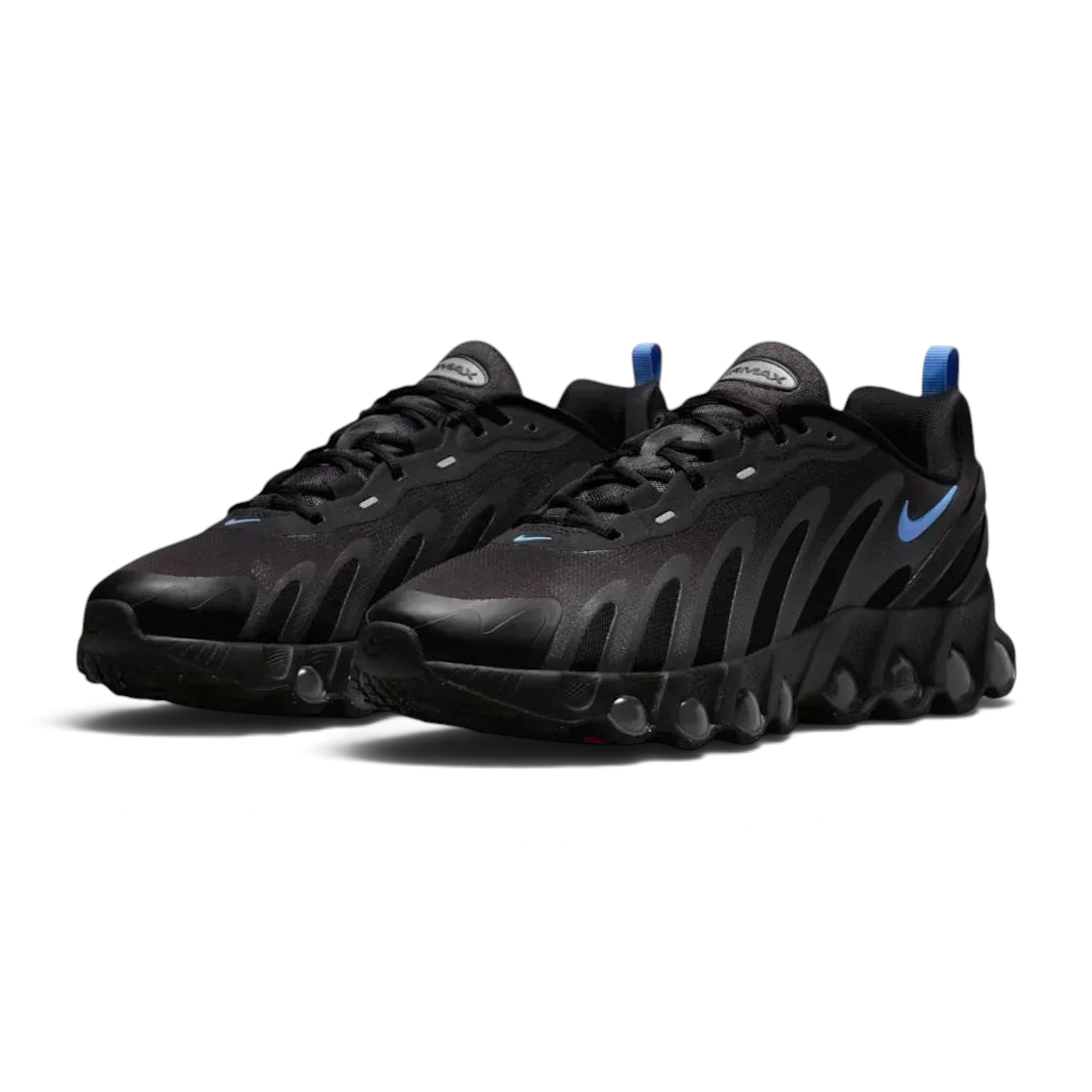 Angled view of two Nike Air Max DN Men's black running shoes, side by side, showcasing their bold, modern design and prominent Air unit.