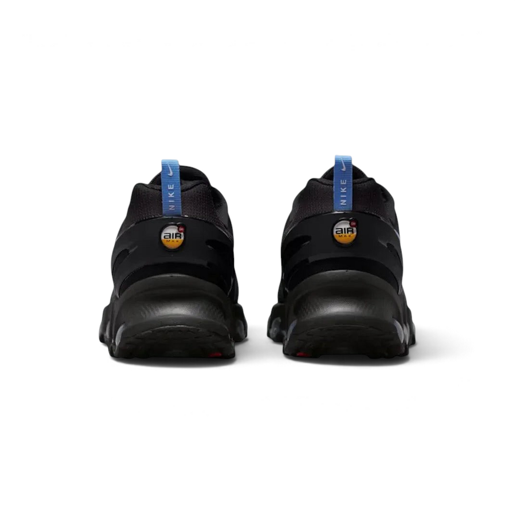 Rear view of the Nike Air Max DN Men's black running shoes, focusing on the visible Dynamic Air unit in the heel and molded heel counter.