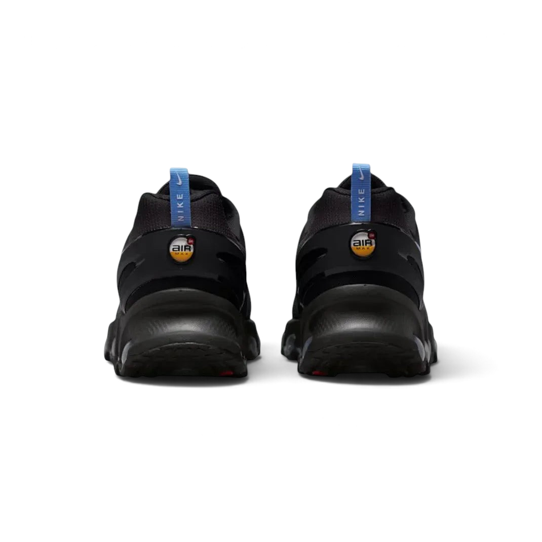 Rear view of the Nike Air Max DN Men's black running shoes, focusing on the visible Dynamic Air unit in the heel and molded heel counter.