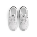 Top-down view of a pair of Nike Air Force 1 Low EasyOn Kids' trainers in white, highlighting the wide opening mechanism and iconic silhouette.