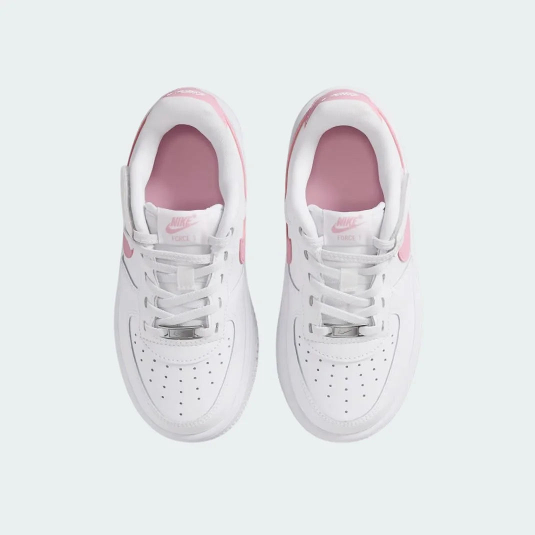 Top-down view of a pair of Nike Air Force 1 Low EasyOn Girls' trainers in white, highlighting the wide opening mechanism and iconic silhouette.
