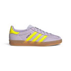 Side Profile Image: The Silver Dawn nubuck Gazelle, highlighting the electric Solar Yellow 3-Stripes and the translucent gum rubber sole.