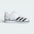 Side profile of the Cloud White adidas Powerlift 5, showing the Collegiate Green three stripes and the specialized high-density midsole wedge.