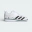 Side profile of the Cloud White adidas Powerlift 5, showing the Collegiate Green three stripes and the specialized high-density midsole wedge.