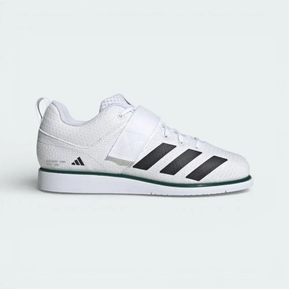 Side profile of the Cloud White adidas Powerlift 5, showing the Collegiate Green three stripes and the specialized high-density midsole wedge.