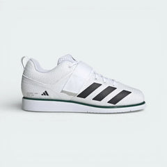 Side profile of the Cloud White adidas Powerlift 5, showing the Collegiate Green three stripes and the specialized high-density midsole wedge.