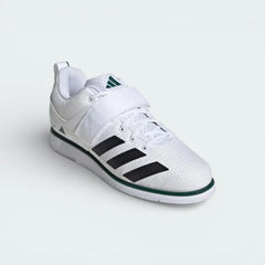 Angled shot of both Powerlift 5 shoes, showcasing the sturdy athletic silhouette and the classic green and white colourway.