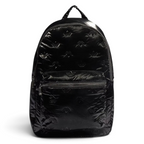 Adidas Puffy Satin Backpack in black, front view showing its sleek, padded silhouette, main zipper, and front zip pocket.
