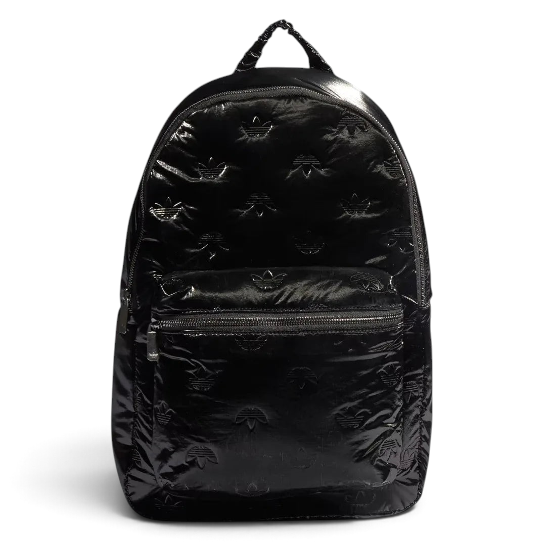 Adidas Puffy Satin Backpack in black, front view showing its sleek, padded silhouette, main zipper, and front zip pocket.