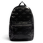 Adidas Puffy Satin Backpack in black, front view showing its sleek, padded silhouette, main zipper, and front zip pocket.