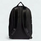 Adidas Puffy Satin Backpack in black, back view showing the adjustable shoulder straps and textured back panel.