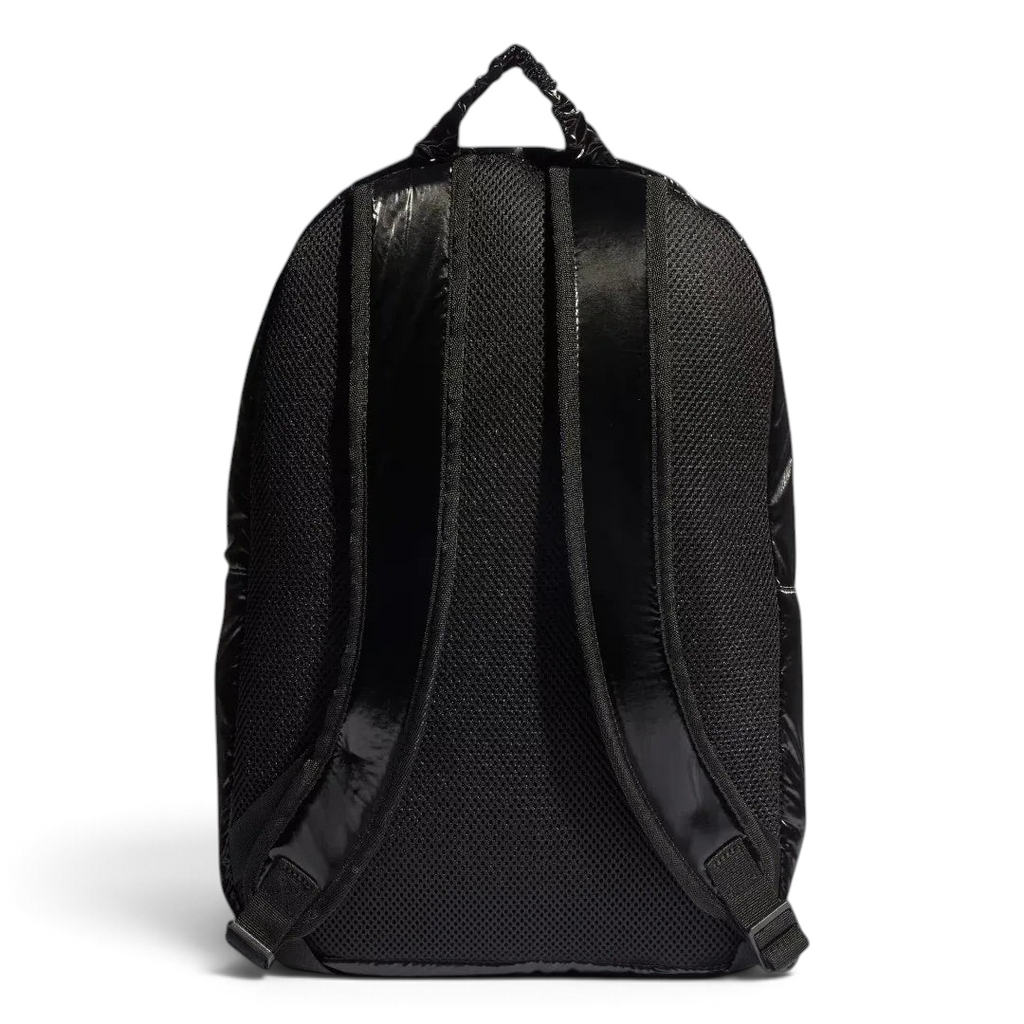 Adidas Puffy Satin Backpack in black, back view showing the adjustable shoulder straps and textured back panel.
