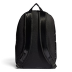 Adidas Puffy Satin Backpack in black, back view showing the adjustable shoulder straps and textured back panel.