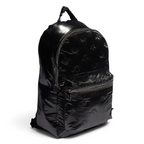 Side profile of the Adidas Puffy Satin Backpack in black, highlighting its puffy design and depth.