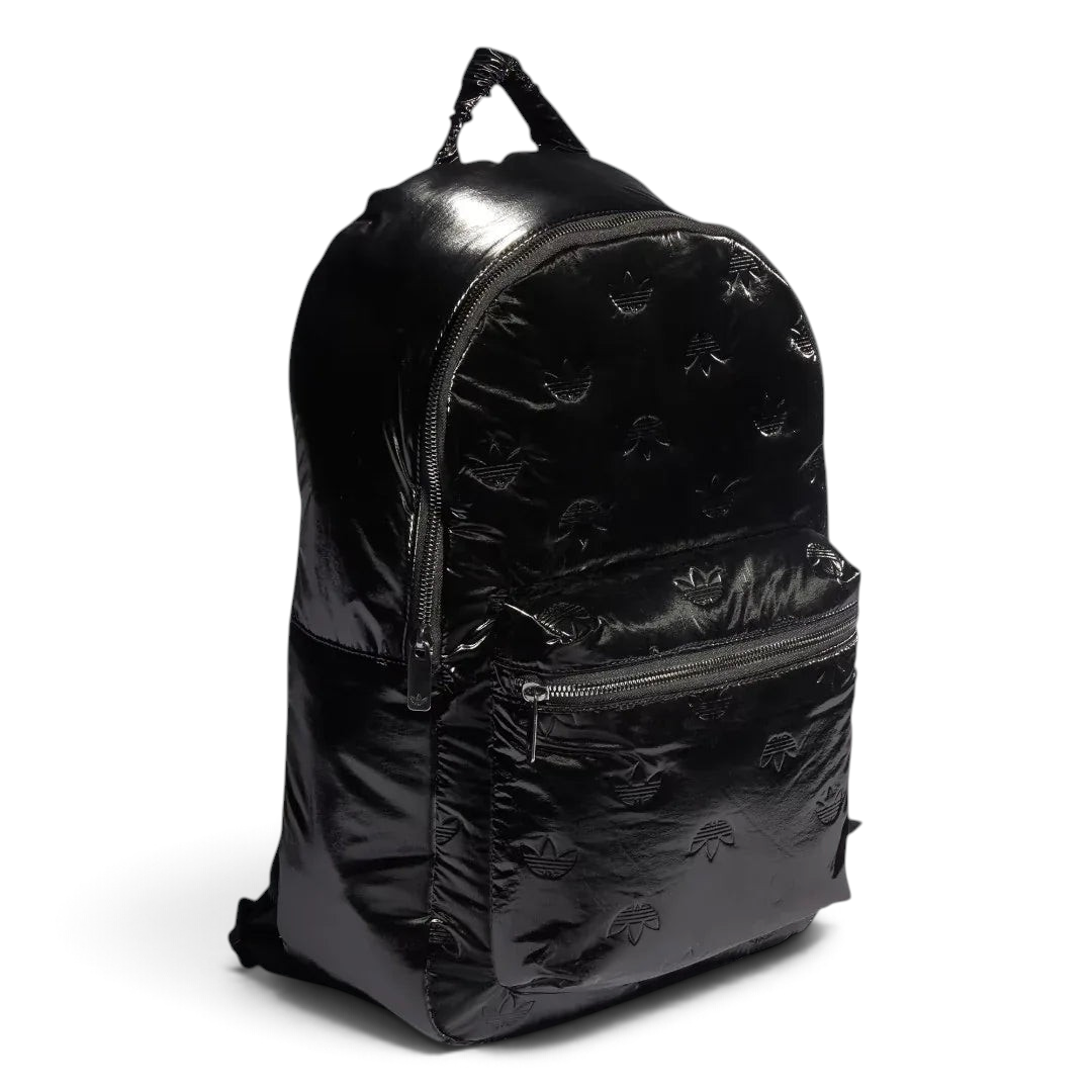 Side profile of the Adidas Puffy Satin Backpack in black, highlighting its puffy design and depth.