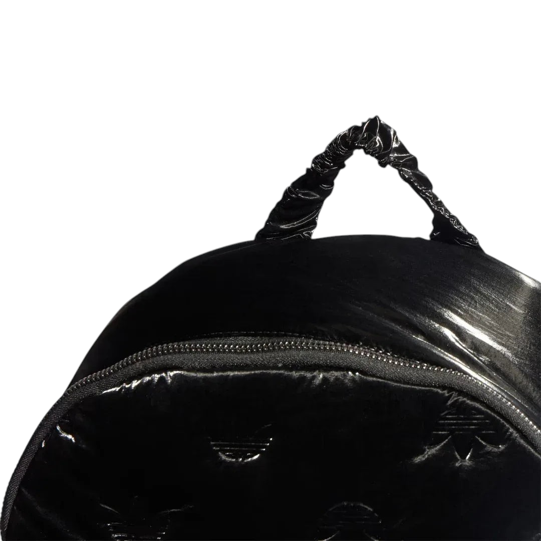 Adidas Puffy Satin Backpack in black zoomed in showing the zip and carry handle