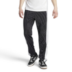 Adidas Adibreak Button Track Pants in black with a subtle animal print, front view showing the elastic drawcord waist and the full line of snap buttons down the side.