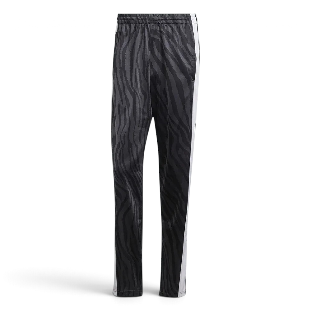 Adidas Adibreak Button Track Pants in black with a subtle animal print, front view showing the elastic drawcord waist and the full line of snap buttons down the side.