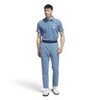 Adidas x Bogey Boys Golf Men's Track Pants in blue, full profile showing the full length, tapered leg, and collaborative branding.