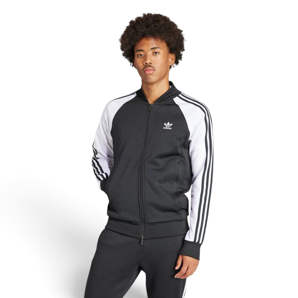 Highlights the high-velocity sweep of the white 3-Stripes running down the sleeves, showing the professional, deep matte black interlock fabric and the crisp white embroidered Trefoil logo.